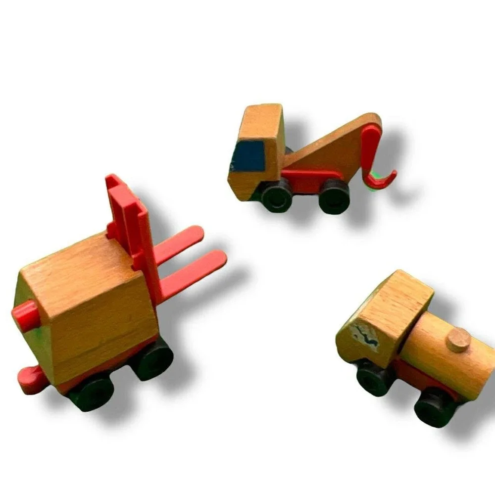 Vintage Wooden Toy‎ Construction Vehicle Set Forklift Tow Truck Tanker 3pc Lot